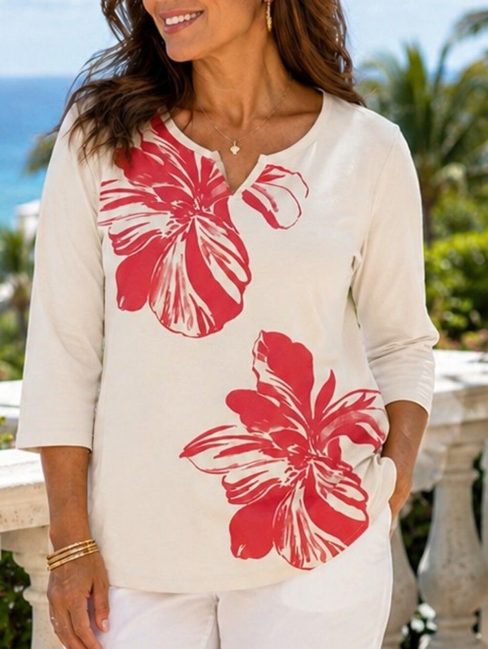 CHICO'S Khaki Beige Coral Hibiscus Botanical V-Neck Cotton Top Size 2 Large